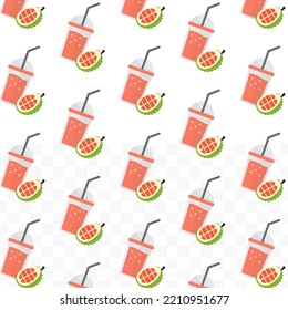Patrón de jugo de durión rojo en fondo transparente con mini doodle (íconos). Ilustración vectorial