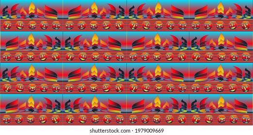A pattern of red emojis and flames on a striped red and blue background. Use for textures and design.