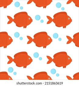 Pattern of red fish and bubbles on white background for use in textile design