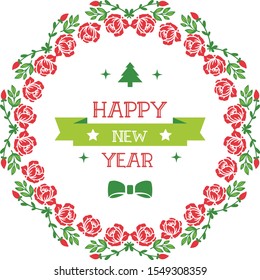 Pattern red flower frame background and green leaves, for greeting card design happy new year. Vector