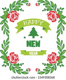 Pattern red flower frame background and green leaves, for greeting card design happy new year. Vector
