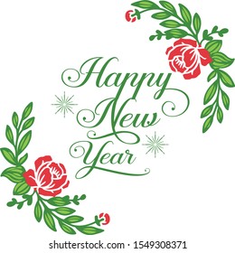 Pattern red flower frame background and green leaves, for greeting card design happy new year. Vector