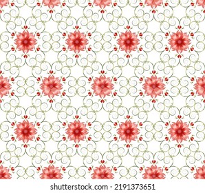 Pattern with red flowers in folk style.Digital watercolor