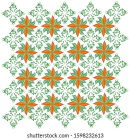 Pattern, red flowers and green leaves on a white background