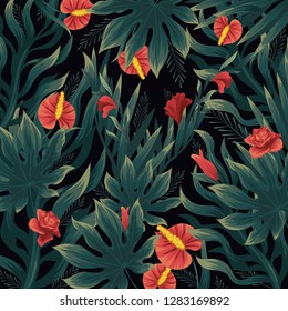 Pattern with red flowers, jungle background, vector illustration