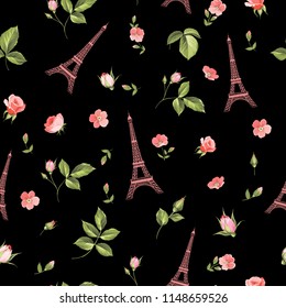 Pattern with red flowers, leaves and eiffel tower. Seamless background for fabric design.