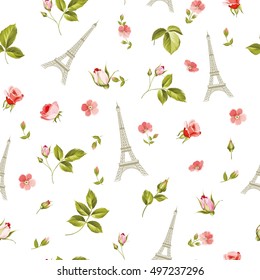 Pattern with red flowers, leaves and eiffel tower. Seamless background for fabric design. Vector illustration.