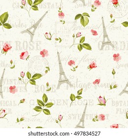 Pattern with red flowers, leaves and Eiffel tower. Seamless background with spring blooming flowers over gray text pattern with text signs. Vector illustration.