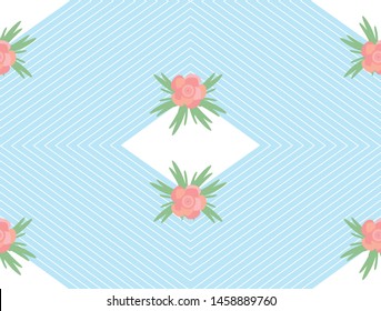 pattern with red flowers, line and rhombus on blue background
