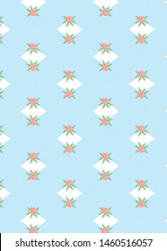 pattern with red flowers, line and rhombus on blue background