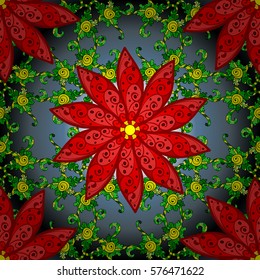pattern of red flowers on a blue round background. Radial gradient shape.