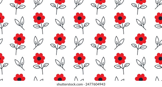 Patrón de flores rojas sobre fondo blanco. Simple patrón de flores sin costuras. Patrón de dibujos animados de flor roja