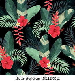 Pattern with red flowers and palm leaves