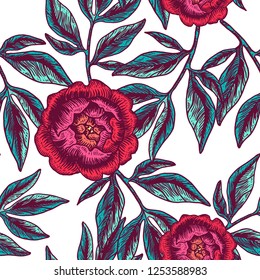 pattern with red flowers. Peonies and leaves, graphic drawing. Vector