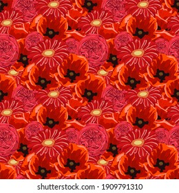 Pattern of red flowers poppies. Beautiful background for design of cards and invitations.