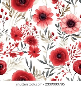 Pattern red flowers watercolor on white background. beautiful floral pattern with watercolor flowers. watercolor flowers. seamless pattern.
