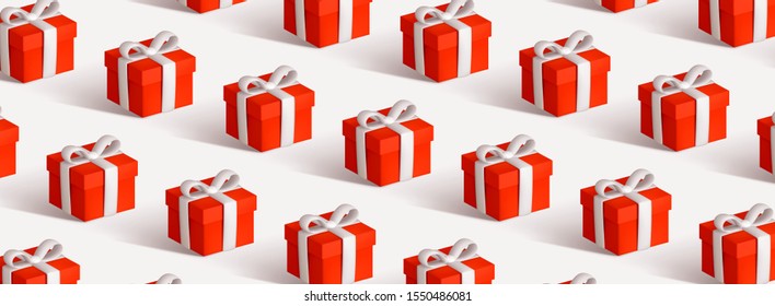 Pattern with red gift box. Christmas presents background.