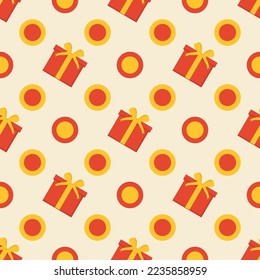Pattern of red gift and circle on yellow . Vector isolated image for use in fashion design or web