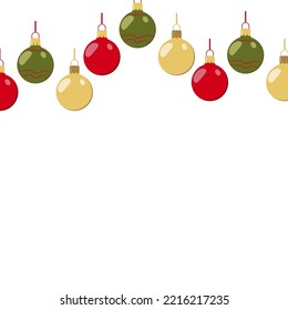 a pattern of red, gold, green Christmas colored balls on a white background for postcards posters banners