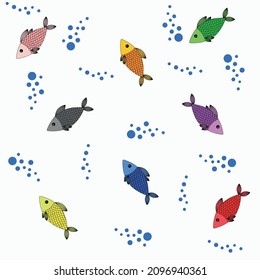 Pattern red green blue yellow pink gray purple orange fish with air bubbles, sea, vector