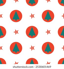 A pattern of red and green Christmas trees and stars. The pattern is red and green and has a festive, joyful feel to it