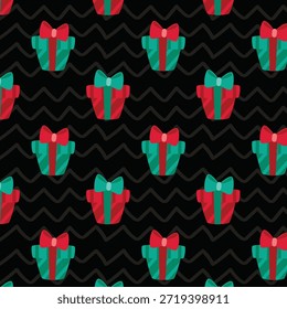 Pattern of red and green gift new year box. New Year gift box seamless pattern. Striped Gift Box pattern
