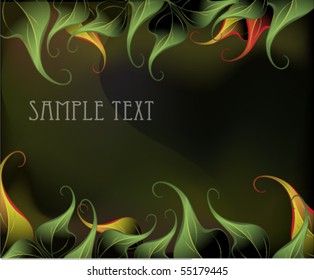 Pattern of red and green leaves on a mysterious smoky background