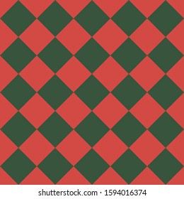 Pattern of red and green rhombuses. Diagonal checkered background. Diagonal Chess pattern. Argyle plaid. Seamless fabric texture. Vector illustration