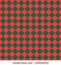 Pattern of red and green rhombuses. Diagonal checkered background. Diagonal Chess pattern. Argyle plaid. Seamless fabric texture. Vector illustration