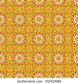 Pattern of red, green, yellow and white spiky floral circles on a sandy colour background