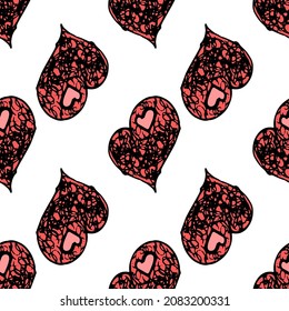 pattern of red heart doodle. seamless pattern of a hand-drawn red heart with a texture of a bunch of tangled lines and a pink heart, an isolated love symbol on a white Valentine's Day design template