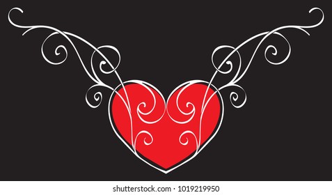 Pattern with a red heart and vintage curls. Isolated vector image on a black background.