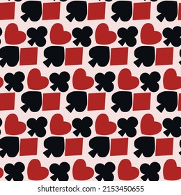 Pattern of red hearts and diamonds. Black spades and crosses. Vector and seamless decor casino pattern.