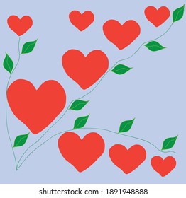 patrón con corazones rojos y ramas verdes con hojas sobre un delicado fondo azul, concepto del día de San Valentín