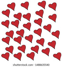 A pattern of red hearts, hand-drawn on a white background. Ready-made love illustrations for greeting cards, posters, stickers, Souvenirs, notebooks, calendars and design. Cartoon style. Vector