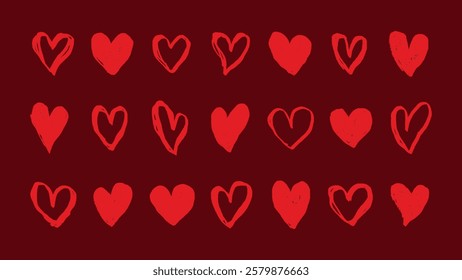 A pattern of red hearts on a dark background. Various heart shapes, red hearts in rows. Heart design, red heart motif, heart pattern repeated. Cute hand drawn Valentine's Day vector set.