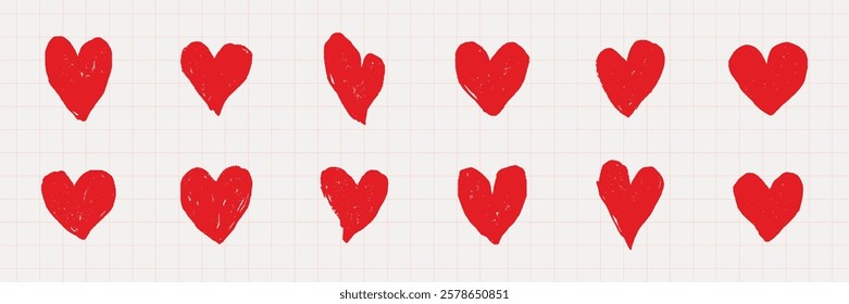 Pattern of red hearts on a grid background. Red hearts repeat in rows. Simple red heart design. Red hearts on grid. Cute hand drawn Valentine's Day vector set.