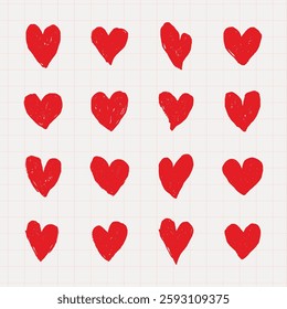 Pattern of red hearts on a grid. Red hearts arranged neatly. Red hearts repeat in a simple grid. Red hearts create a uniform pattern on a light background. Cute hand drawn Valentine's Day vector set.