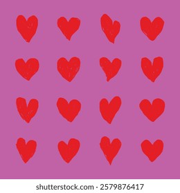 Pattern of red hearts on a pink background. Repeated red hearts create a vibrant design. Pink background enhances the red hearts. Love-themed heart pattern. Cute hand drawn Valentine's Day vector set.