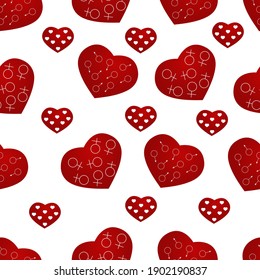 A pattern of red hearts with the signs male and female for Valentine's Day. Vector illustration. The symbol of Mars and the symbol of Venus on the red heart.
