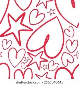 Pattern of Red Hearts and Stars in a Fun Doodle Style
