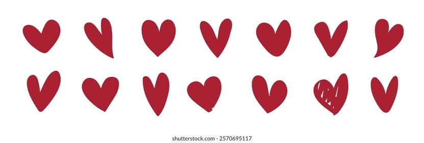 A pattern of red hearts in various styles. Red hearts repeated in a row. Heart designs in red, creating a love-themed pattern. Red hearts, love, and pattern. Valentine's element vector set.