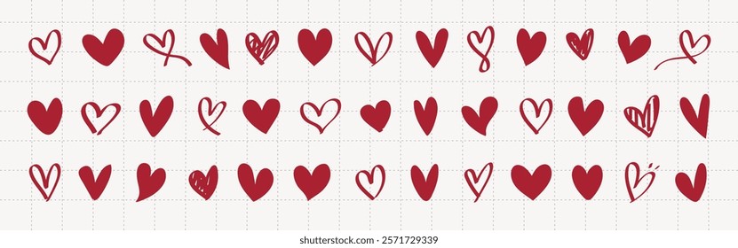 Pattern of red hearts in various styles. Red hearts, heart shapes, and heart patterns repeat in a decorative, playful design. Red hearts on a grid background. Valentine's element vector set.