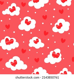 Pattern of red hearts and white clouds on a red background. Cute hearts pattern.