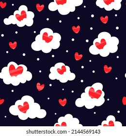 Pattern of red hearts and white clouds on a dark background. Cute space pattern.