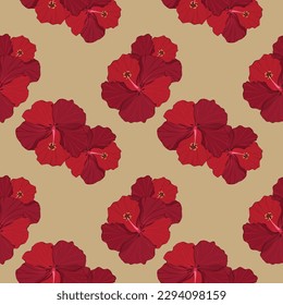 Patrón de hibisco rojo. Textura sin costura floral. Impresión colorida. Ilustración vectorial. Tarjeta. Textil. Envuelto. Tropical. Fondo beige.