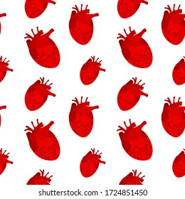 A pattern of red human hearts. The heart is an internal organ of a person. Symbol of cardiology. The internal organ is drawn in a Doodle style on a white background. Stock vector isolated illustration