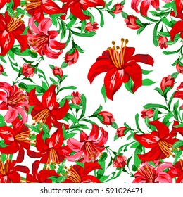  pattern of red lily on white background seamless