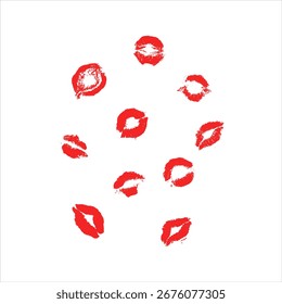 Pattern of red lipstick kiss marks on white background. Perfect for romantic designs, Valentine's Day cards, and love-themed projects.
