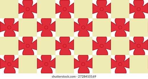 Pattern with red minimalistic flowers and squares